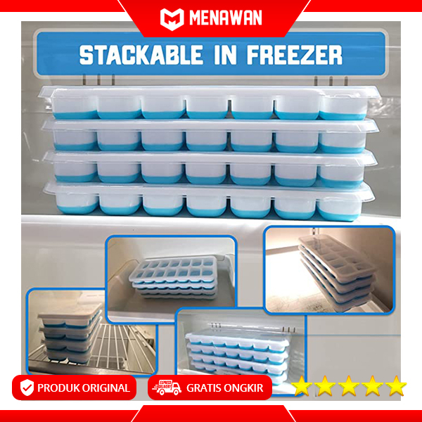 Silicone Ice Tray Food Grade BPA Free Cetakan Es Batu Kulkas 14 Grid Lengkap Penutup Original