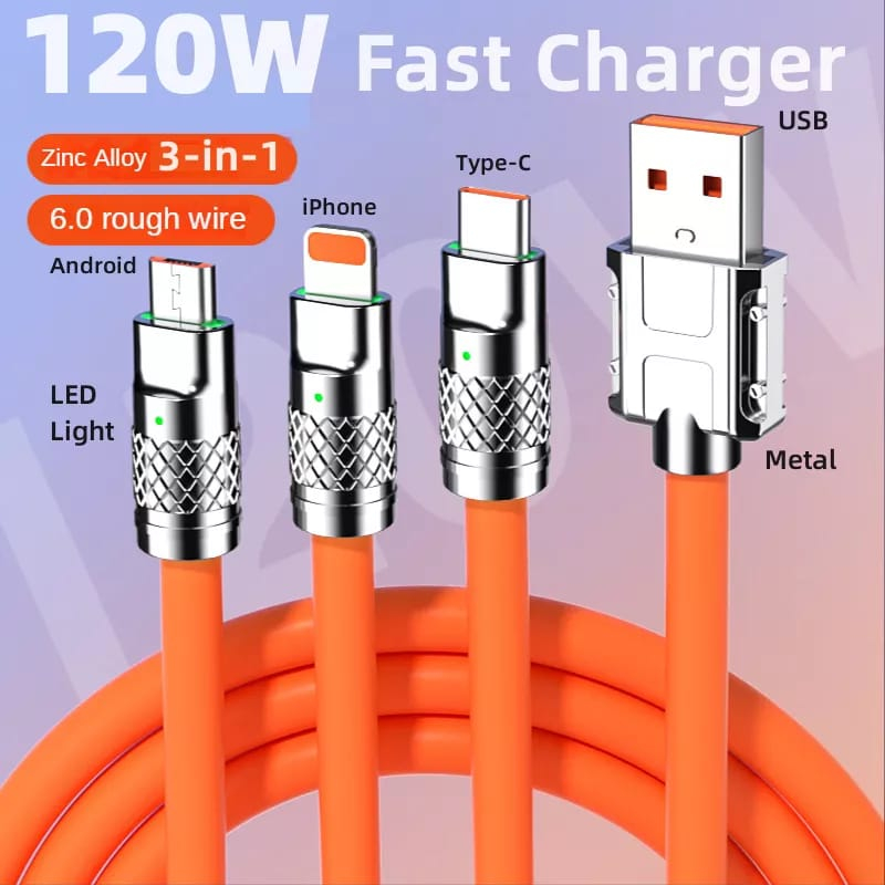 Kabel Charger Asli 3 In 1 120W 6A Kabel Pengisian 1.2m Super Cepat Silikon Cair Kabel Data Pengisian Cepat Untuk Micro USB Type-C Iphone