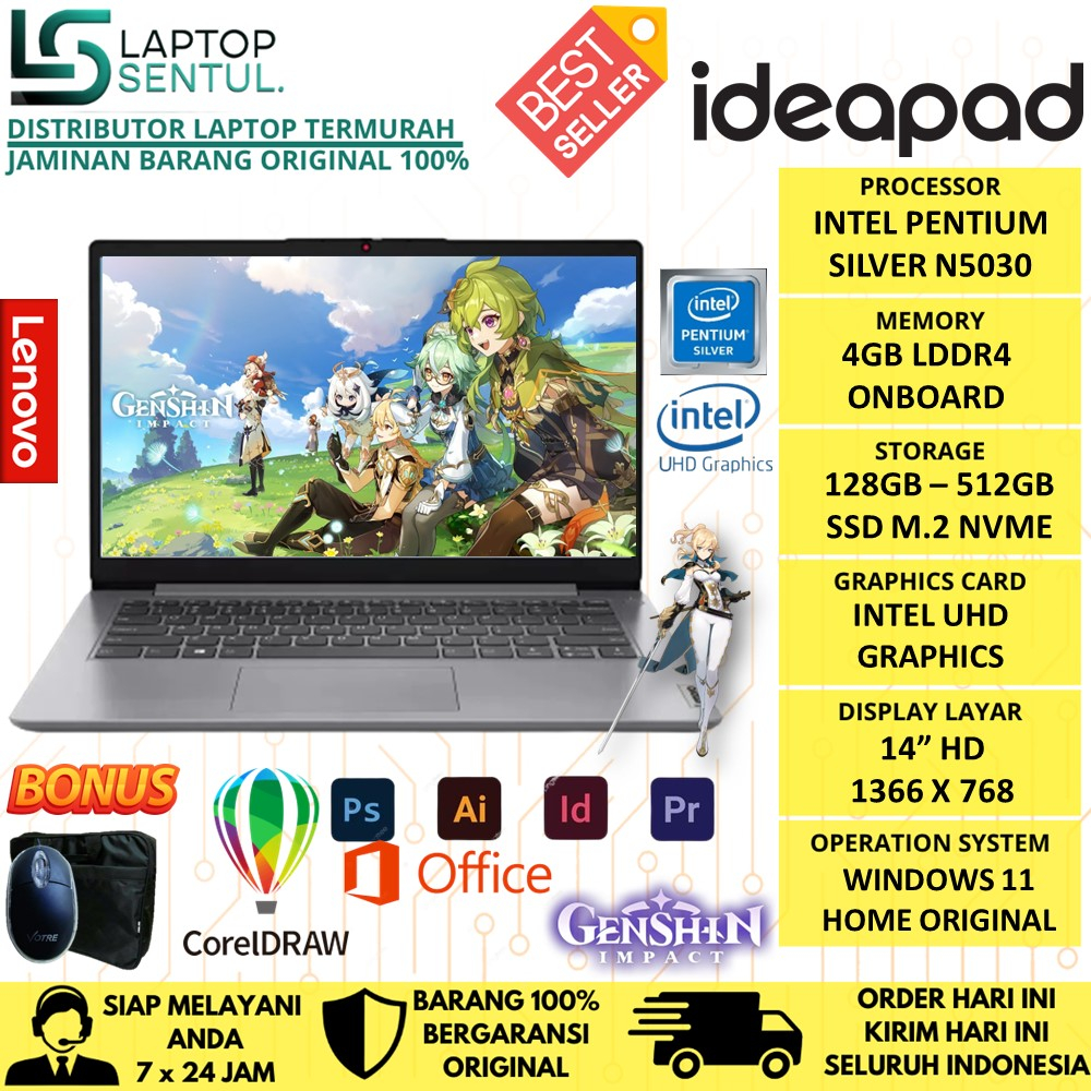 Laptop Murah Lenovo Ideapad Slim 1 14 Intel Pentium Silver N6000 4GB 512GB SSD HD Windows 11 Original