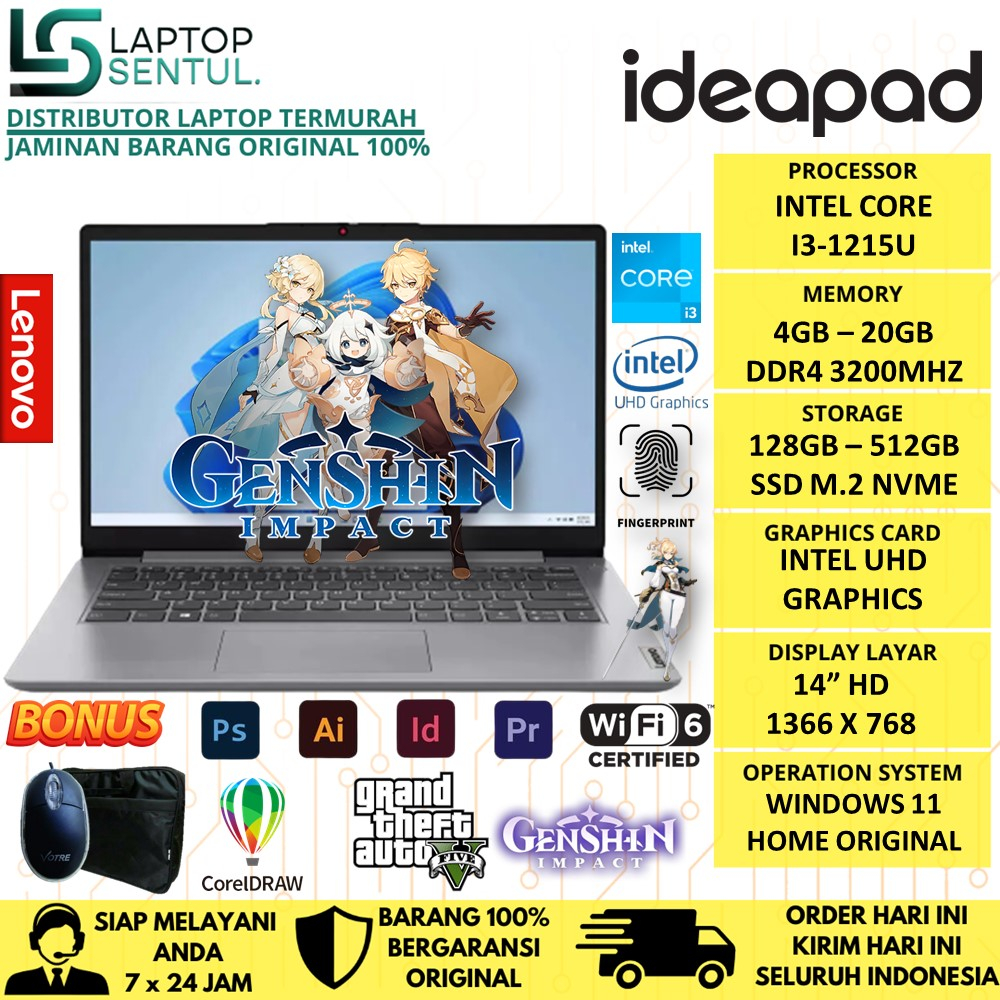 Laptop Gaming Lenovo Ideapad Slim 14 Intel Core i3 1215U RAM 12GB SSD 512GB HD Windows 11 Terlaris