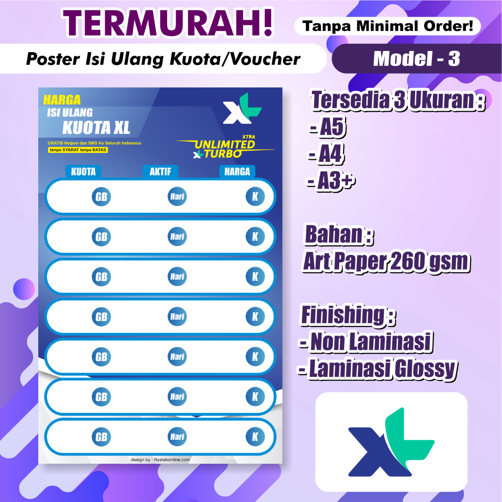 Poster Konter Daftar Harga Paket Data / Voucher /poster paket data konter / Daftar Harga Voucher Mur