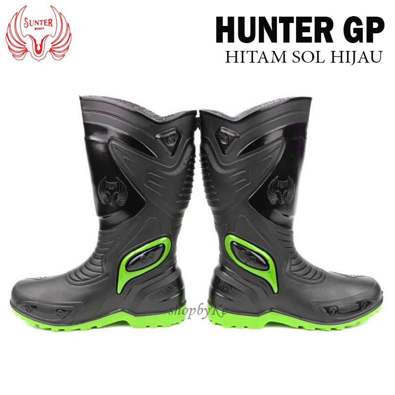 Sepatu Boots Tinggi HUNTER GP 1 BLACK/GREEN Size 39-44 - Sepatu Boots Pengendara Motor Tangguh