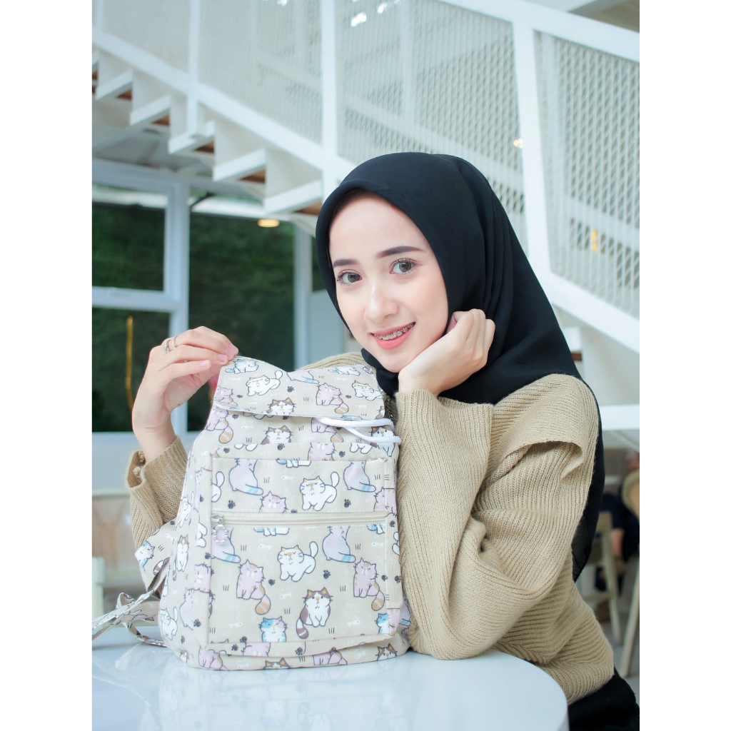 RANSEL SERUT KUCING KHAKI CREAM // taskanvasbdg - tas kanvas fashion - tas ransel wanita krem- tas wanita - tas lucu - cewe