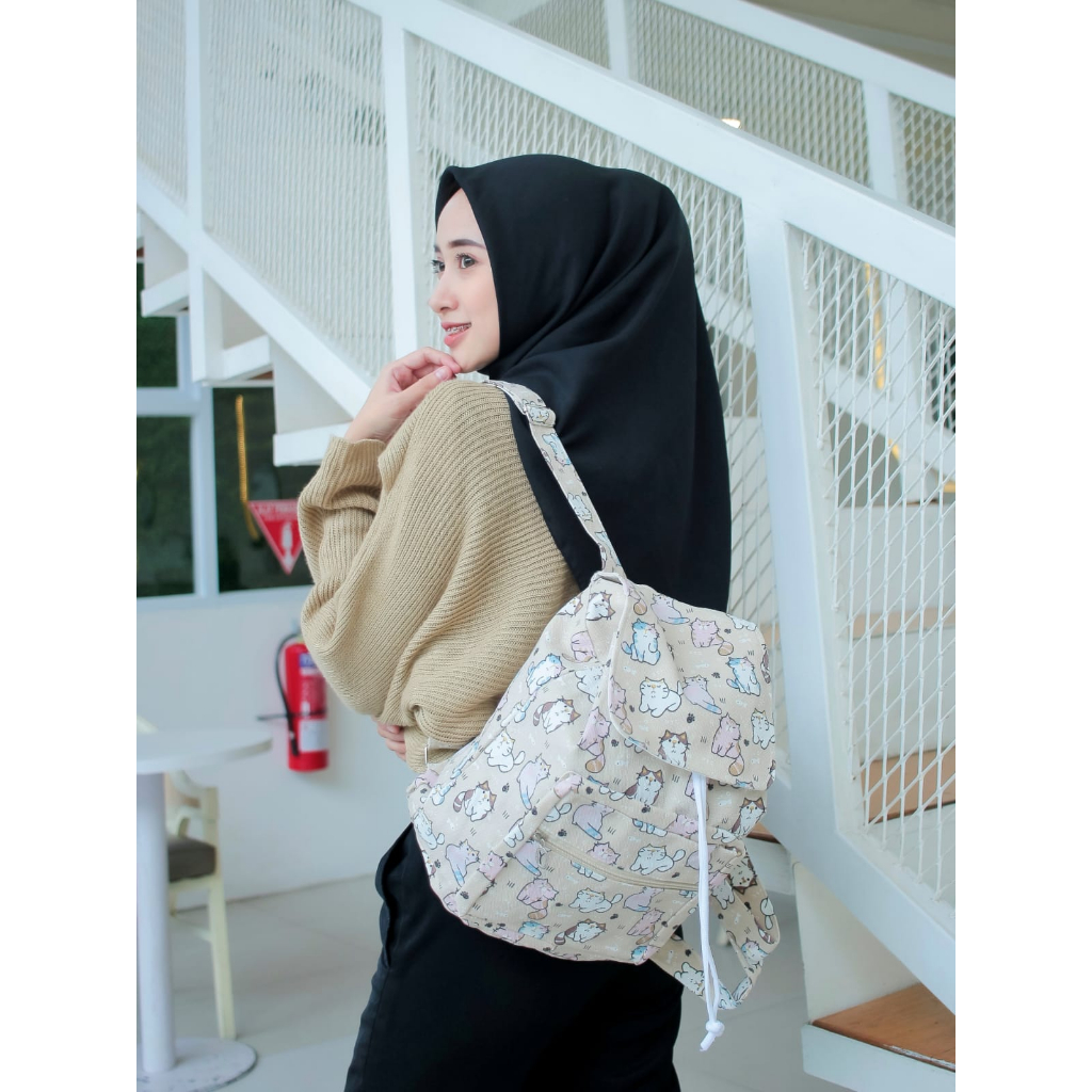 RANSEL SERUT KUCING KHAKI CREAM // taskanvasbdg - tas kanvas fashion - tas ransel wanita krem- tas wanita - tas lucu - cewe