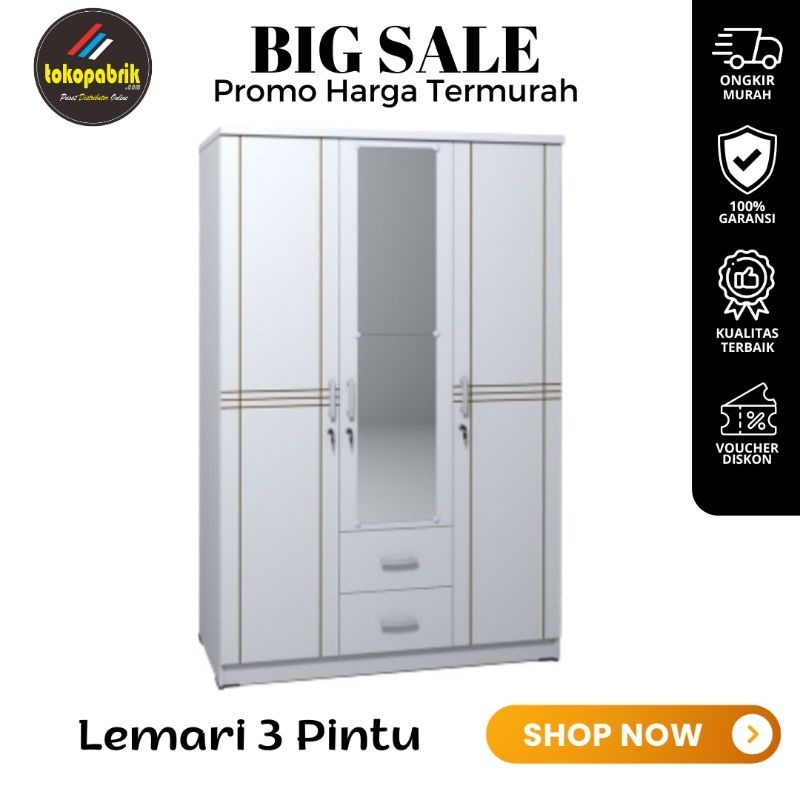 Lemari pakaian 3 pintu + Laci putih minimalis / lemari baju modern termurah Jabodetabek Bandung Cire