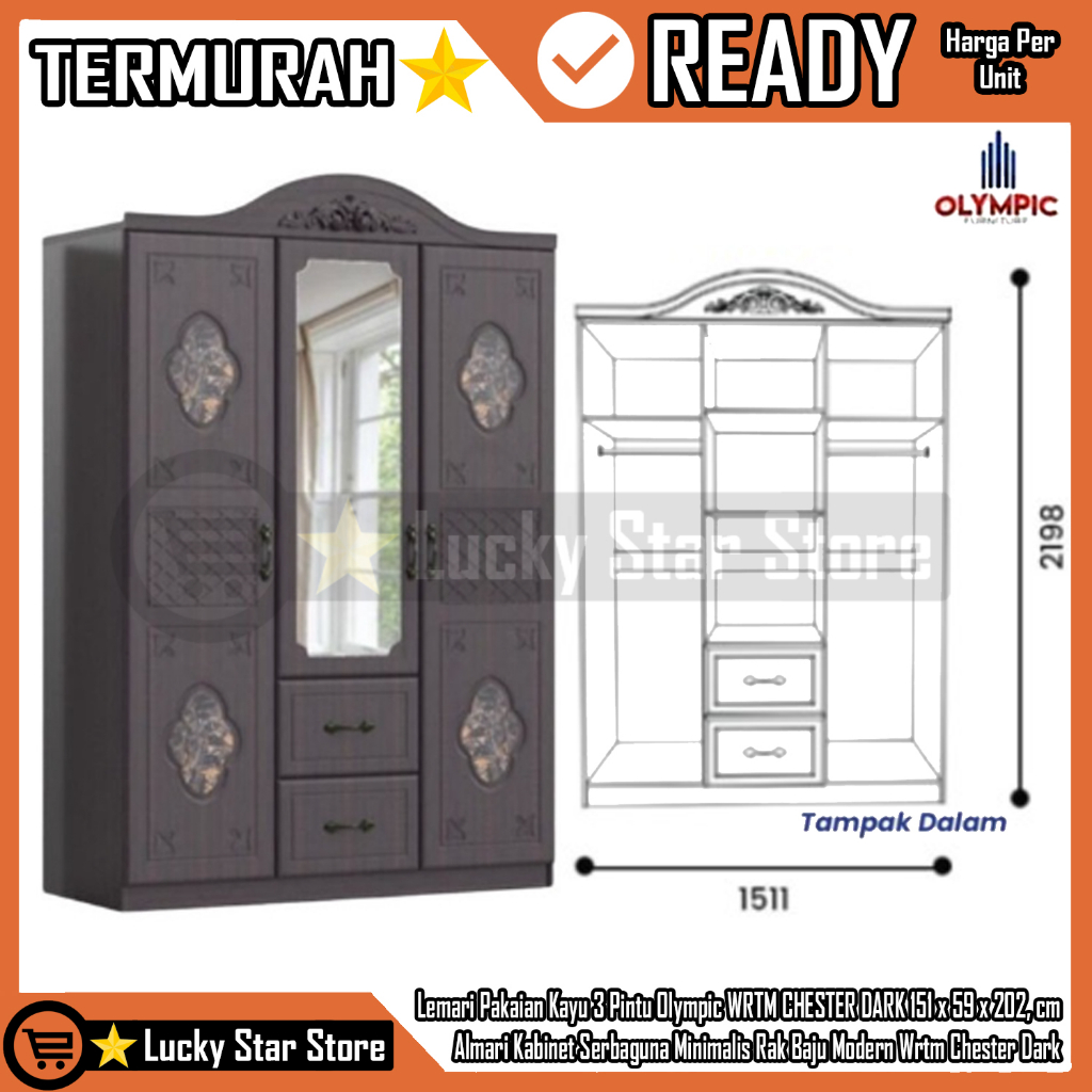 [Kargo] Lemari Pakaian Kayu 3 Pintu Olympic WRTM CHESTER DARK Baju Wadrobe 151 x 59 x 202, cm Kabine