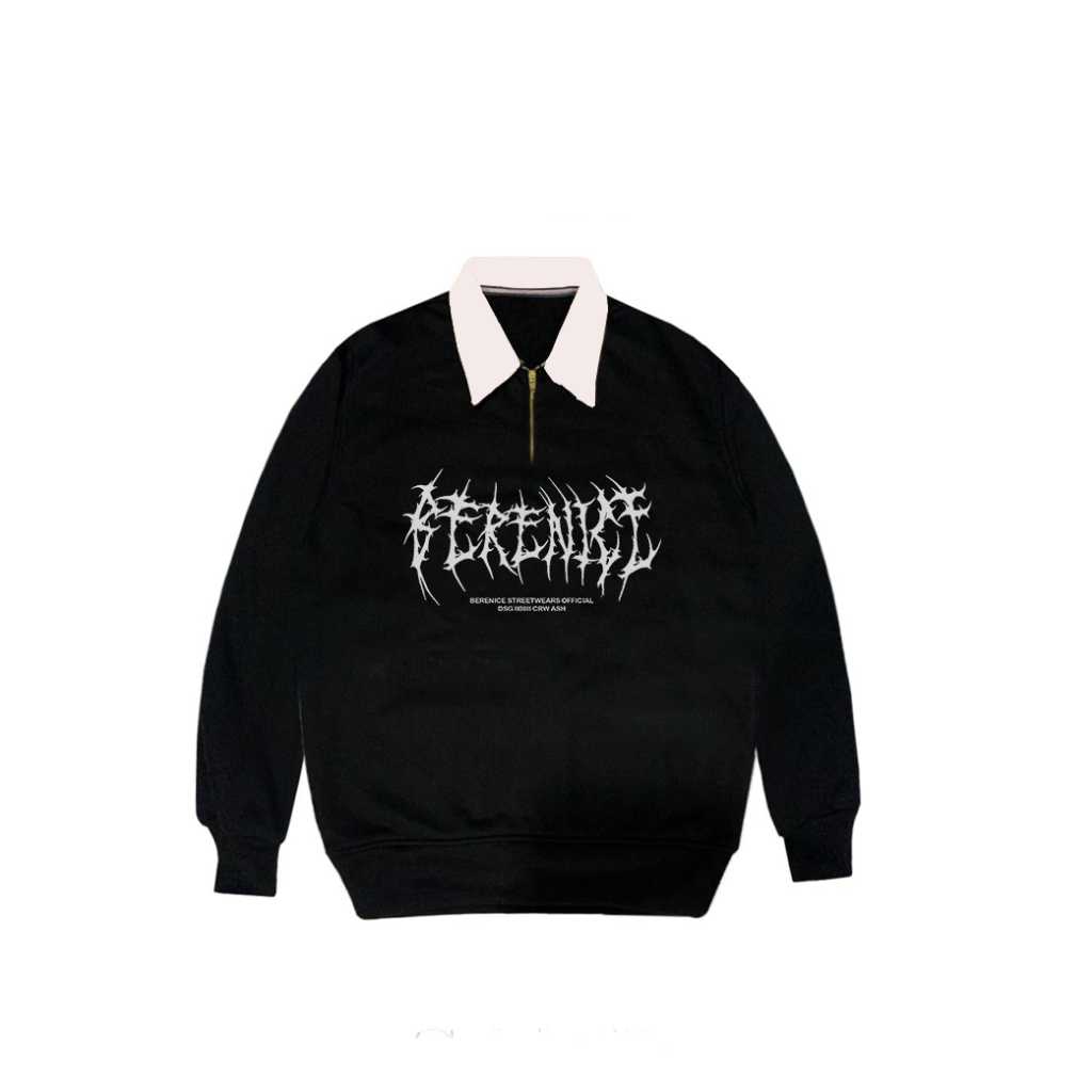 Sweater Kerah Crewneck Rugby Pria Motif Gothic HItam Kekinian Kasual