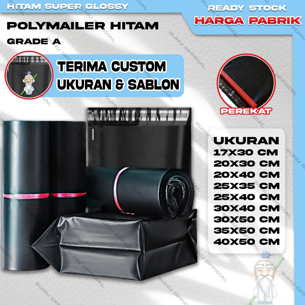 Plastik Packing Baju Kantong POLYMAILER Olshop isi 100 Lembar Super Glossy Grade A Hitam Ukuran 17X30 20X30 20X40 25X35 25X35 25X40 30X40 30X50 35X50 40X50