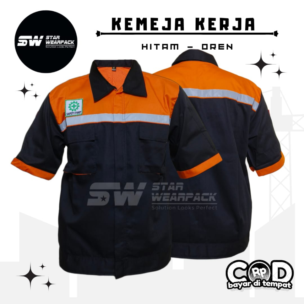 Star Wearpack - Baju Seragam Kerja Proyek Lengan Pendek Warna Hitam Kombinasi Oren