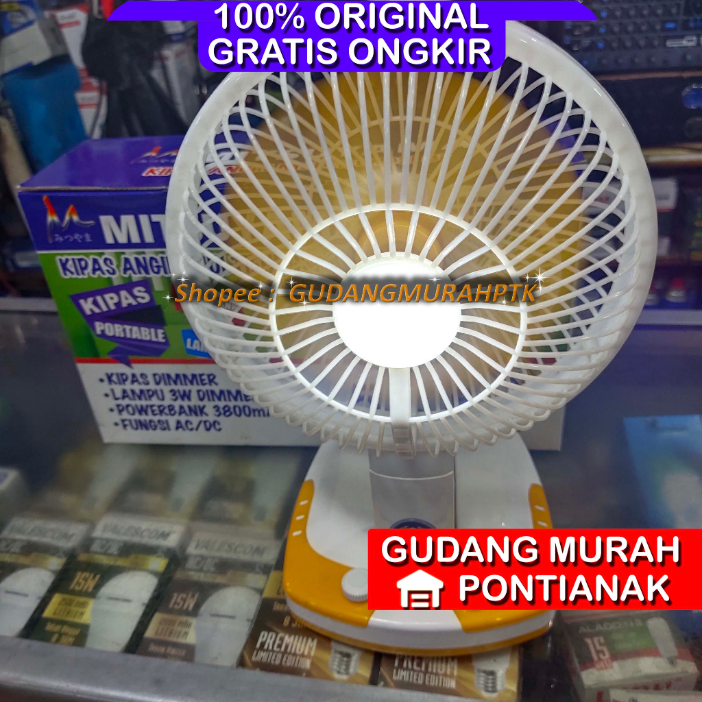 Kipas Angin Meja dan Dinding Lampu Portable Besar USB 8 Inch Mitsuyama MS-5539 Kipas Charge Desk fan + Emergency Lamp