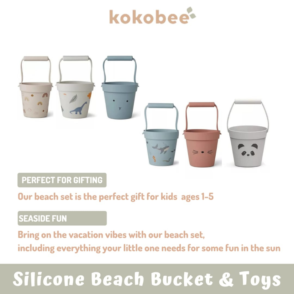 KOKOBEE Premium Silicone Beach Sand Bucket and Toys (1Y+)  - Mainan Pasir Pantai Lengkap For Kids / Sekop / Cetakan Pasir / 1 set / Bentuk Hewan/ Silicone Tebal/BPA FREE/NON TOXIC/Halus/Lucu/outdoor/Paket Mainan ember cetakan pasir pantai anak/best seller