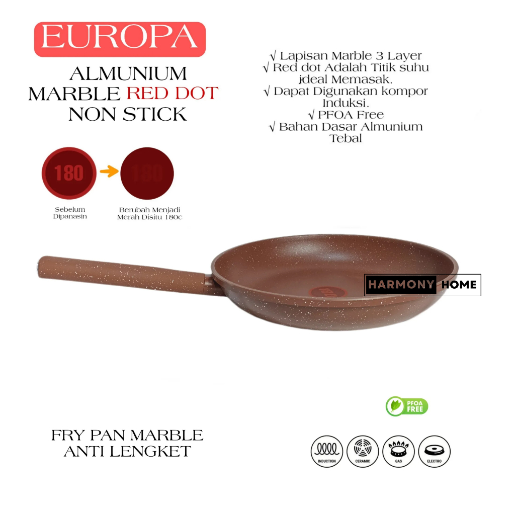 EUROPA Cookware Frying Pan 18 cm YFP-18 Cm Wajan Penggorengan Anti Lengket Red Dot Berkualitas FRYPAN MARBEL NON STICK RED DOT EUROPA