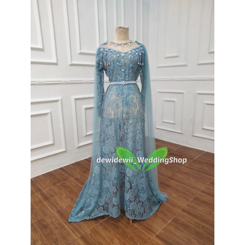 Kebaya Pengantin Cantik / Broklat Ekor Panjang + Slayer - Biru Denim