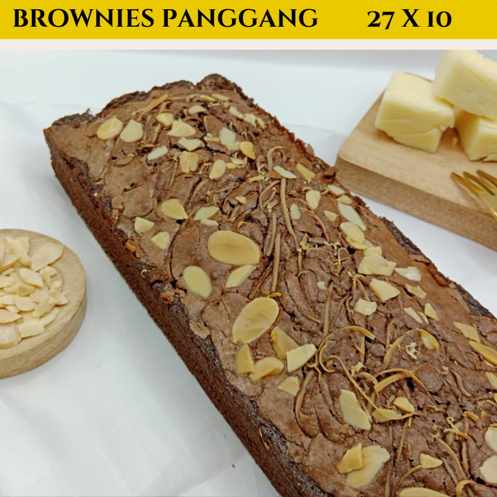 

Brownies Shiny Crust / Brownies Fudgy / Brownies Panggang 27 x10 / Kue Brownis Topping Keju Almond