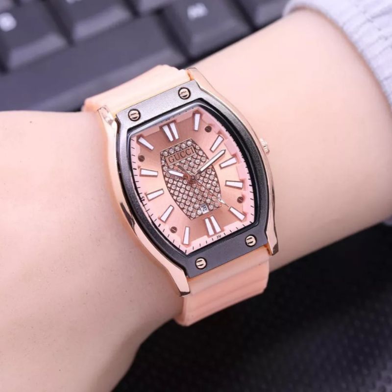 (Cod)Jam Tangan Wanita Gucco Oval Mata&quot; Belian Tanggal Aktif Strap Karet/Rubber(Dikirim Jakarta)