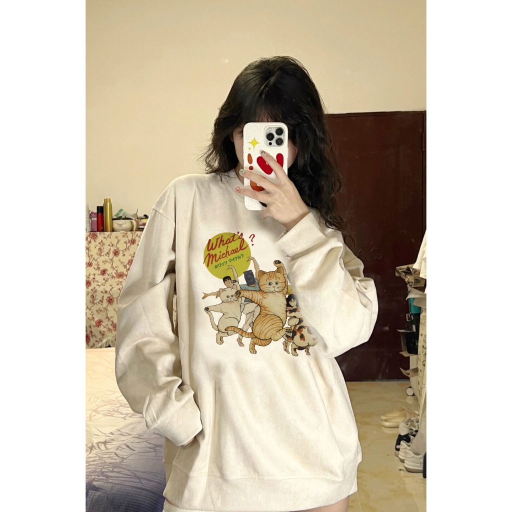 EUNII Sweater Lengan Panjang Cartoon Funny Cat Printing Korean Style/Sweater Crop/Baju Wanita/Switer Wanita/Switer