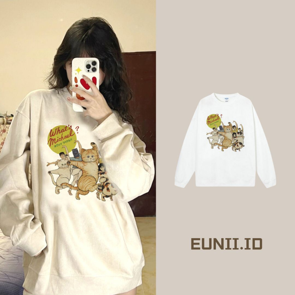 EUNII Sweater Lengan Panjang Cartoon Funny Cat Printing Korean Style/Sweater Crop/Baju Wanita/Switer Wanita/Switer