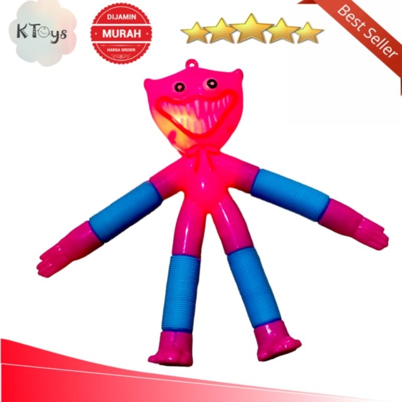 Mainan anak pop tube motif huggy wuggy LED besar dengan kaki dan tangan yang bisa bengkok