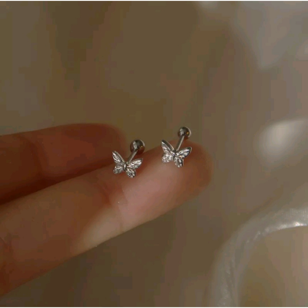 1 Pcs Korea Perak One-head Round Ball Butterfly Stud Earrings Untuk Wanita Perempuan Chic Tindik Tulang Rawan Sekrup/Anting stud kupu-kupu/ Earrings helix buterfly