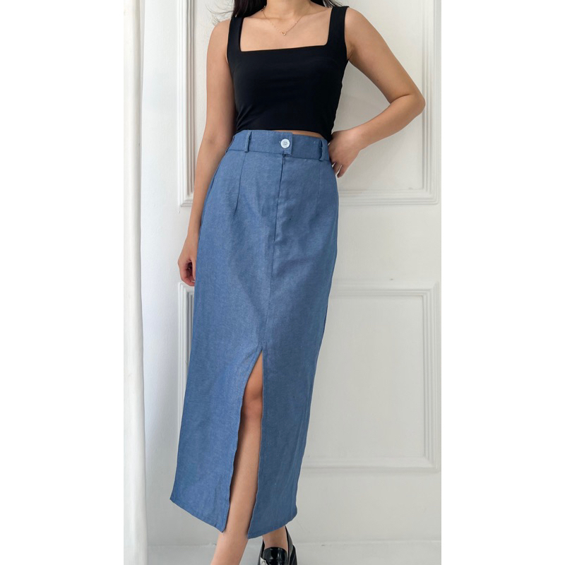 IWEARGRACIE - OLIVER DENIM SLIT SKIRT / ROK WANITA / ROK KERJA / ROK MIDI