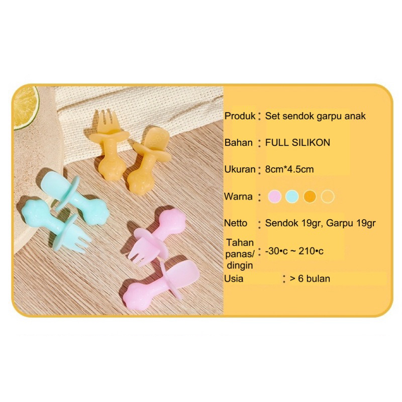 Paket sendok garpu anak travel silikon food grade BPA free baby safety
