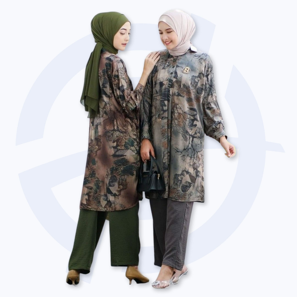 Baju Setelan Tunik dan Kulot Satin Silk Mix Crinkle Motif Bunga Floral Etnik One Set Wanita Kekinian