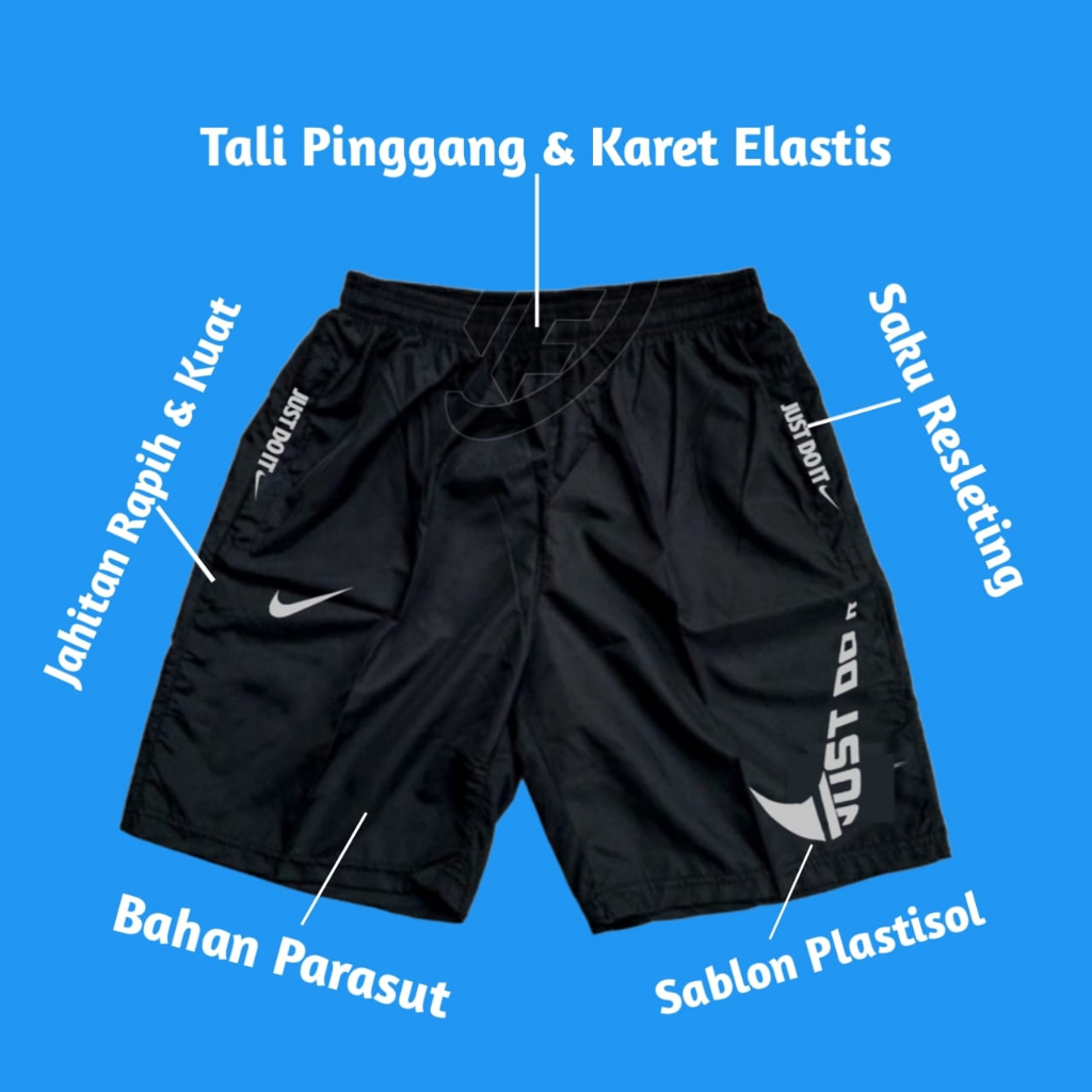 Celana Pendek Parasut Olahraga Saku Resleting Pria Wanita Running Gym Sport Kolor Volly Futsal Bulu Tangkis Jogging Bahan Berkulitas-NK Logo