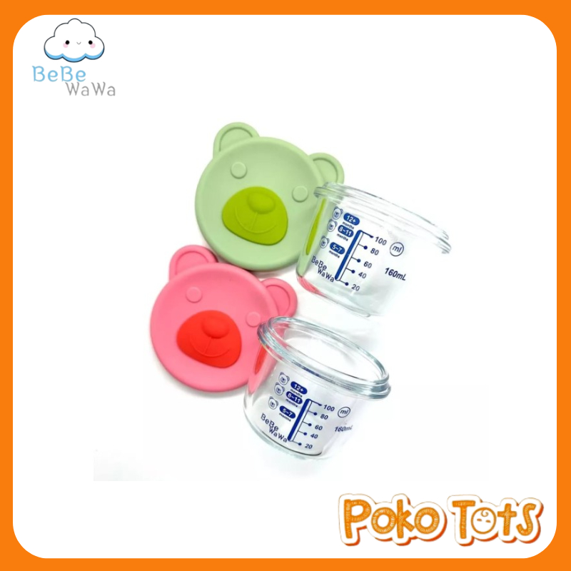 Bebe Wawa Glass Food Container 160ml Isi 2pcs BW007-1 Tempat Makanan Bayi Takaran Ukuran WHS