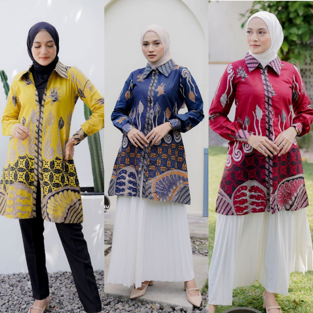 TUNIK BATIK KOMBINASI MODERN ATASAN WANITA KANTORAN TERKINI