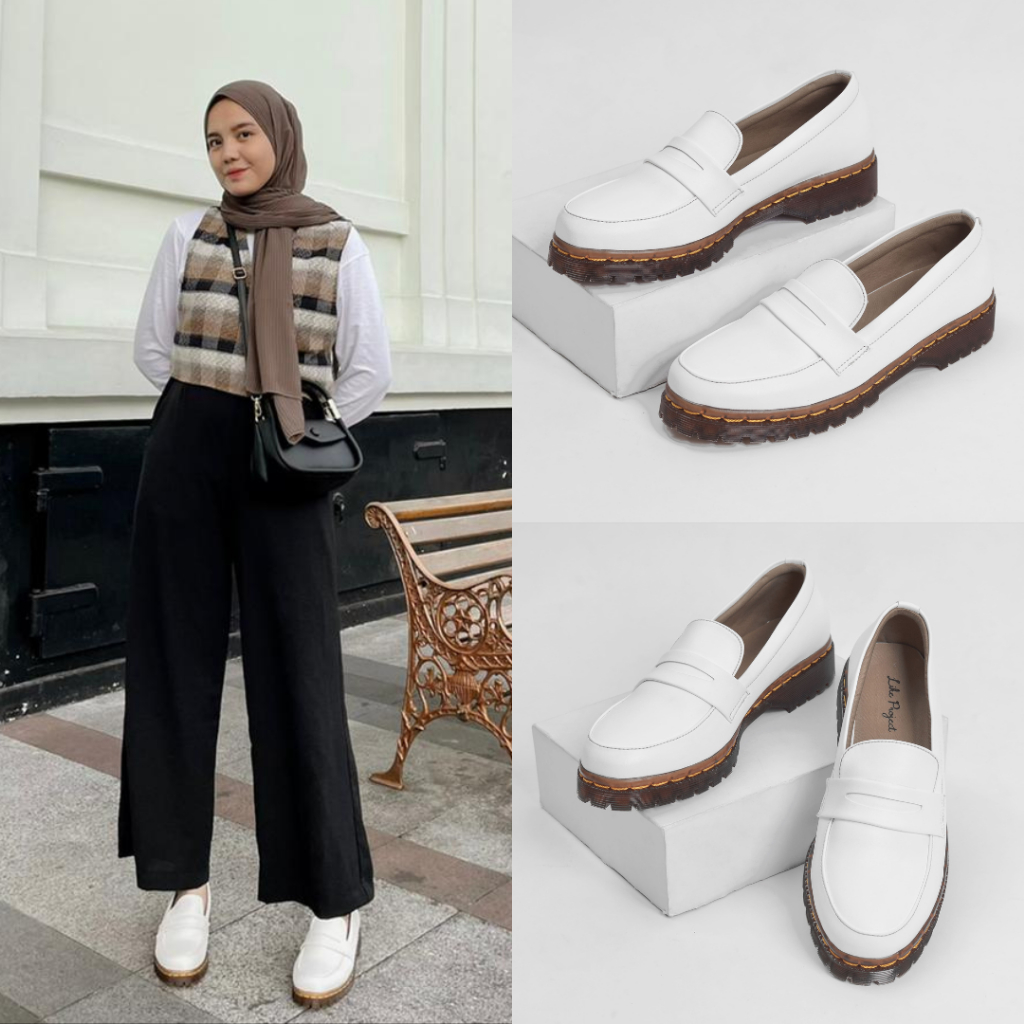 Sepatu Slip On Wanita Casual Kulit Formal Kerja Santai Kuliah Loafers Wanita Original - Lavi White