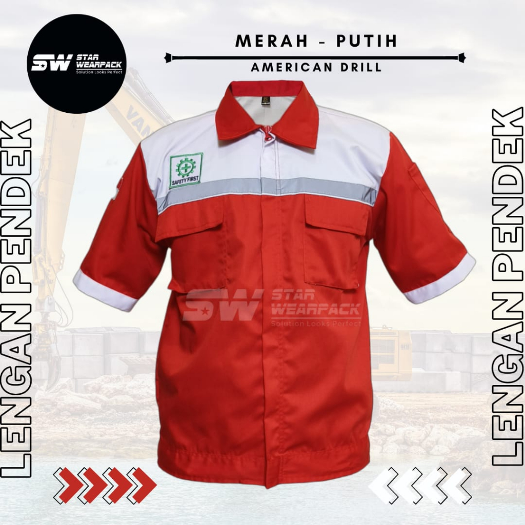 Star Wearpack - Seragam Kerja Proyek Lengan Pendek Warna Merah Kombinasi Putih