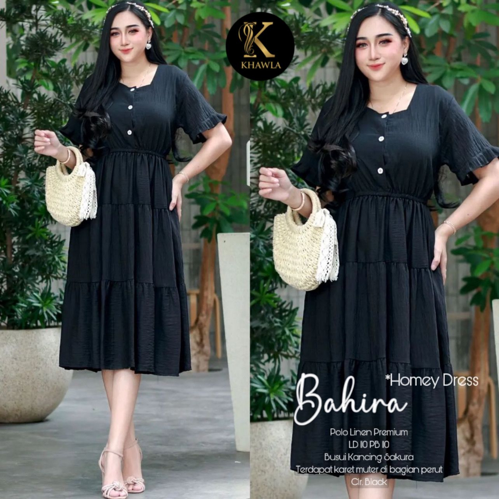 Bahira Homey Dress Wanita Midi Linen Cotton Premium Original By Khayla