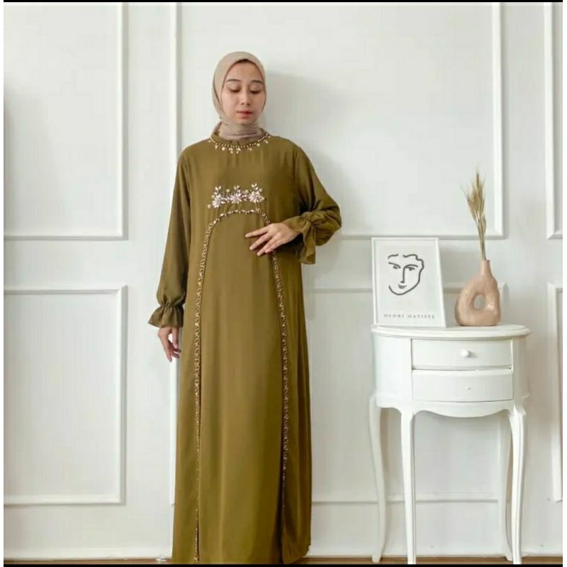 dress pesta ceruti / long dress muslimah / dress kondangan army / gamis pesta payet mote mutiara mew