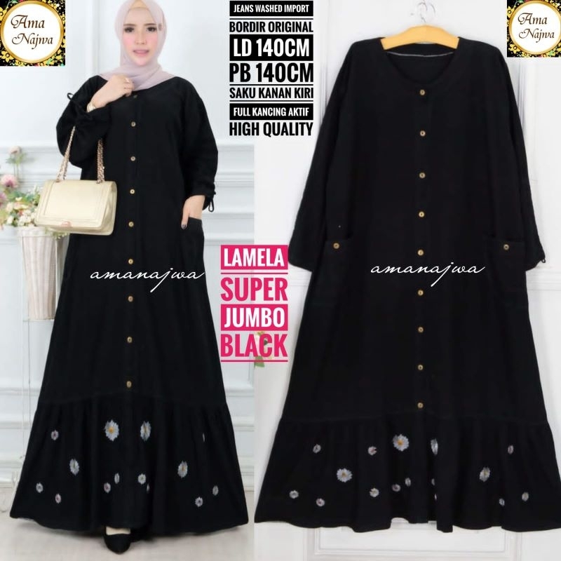Lamela gamis jeans super jumbo ld 140 bordir bunga asli by Ama najwa REALPICT PRODUK