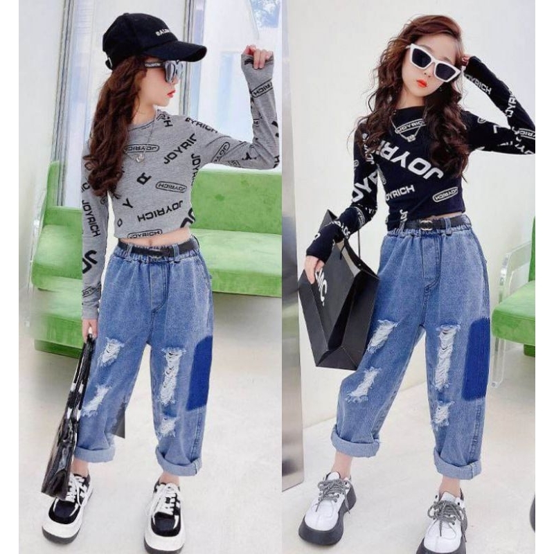 setelan anak perempuan remaja import korean style 5 tahun - 12 tahun celana panjang ripped jeans baj