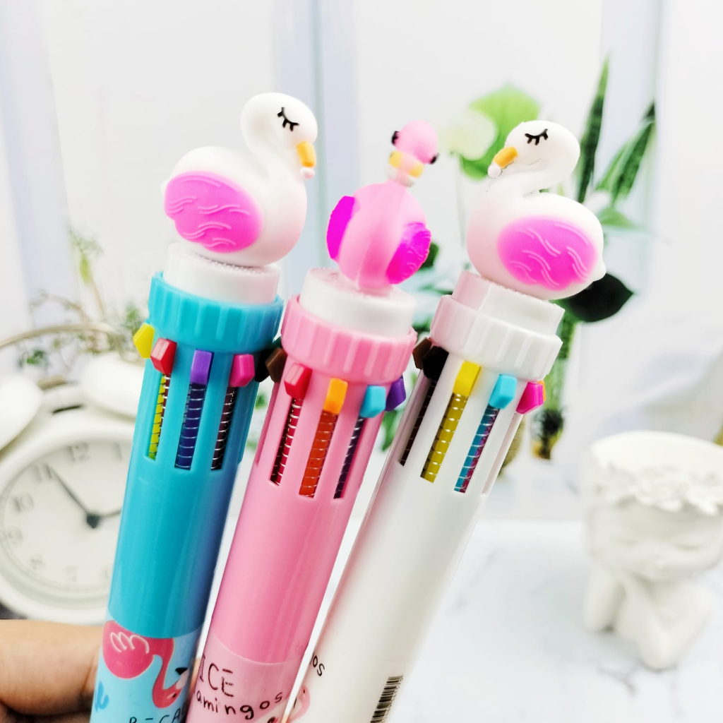 Pulpen Cetek 10 Warna Flamingo Lucu / Pen Flaminggo isi 10 Warna Unik Cute Alat Tulis Sekolah dan Kantor terlengkap bisa Grosir dan COD