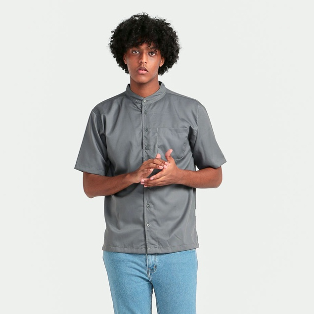 Predecessors Taf  Kemeja Pria Basic Polos Lengan Pendek Kerah Sanghai Chashirt#4 Grey