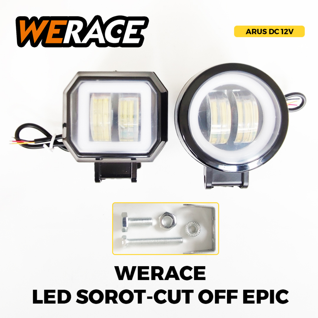 [WERACE] LAMPU SOROT / TEMBAK 2 MATA / LENSA CUT OFF / LAMBU LEBAR SUPER TERANG 12VOLT RING BIRU/MERAH