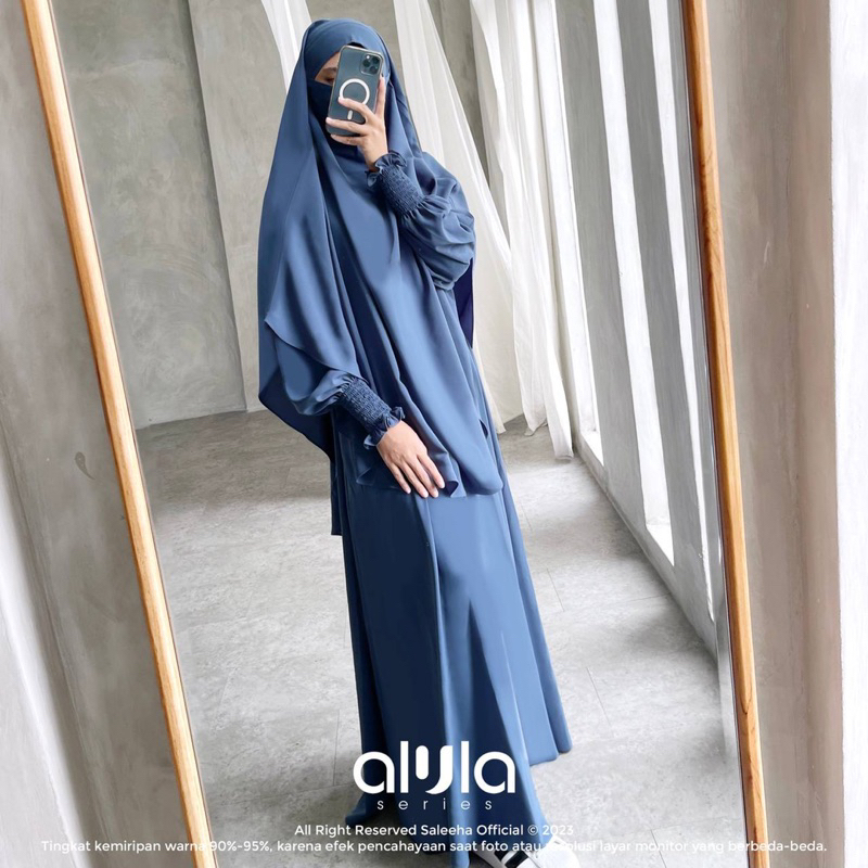 SALEEHA-ALULA SERIES SET ABAYA+FRENCH KHIMAR WARNA RIVER BLUE