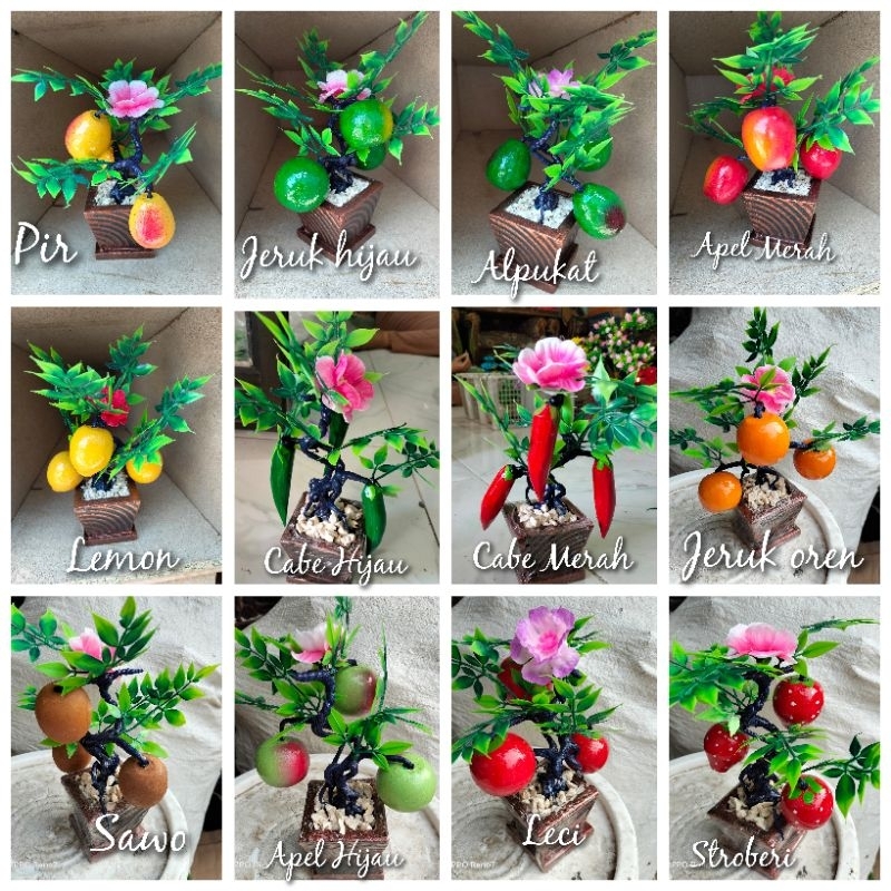 BUNGA MEJA BUAH DENGAN POT MEWAH . BONSAI BUAH ARTIFICIAL IMPORT PLASTIK KAIN TIRUAN IMITASI ORNAMEN
