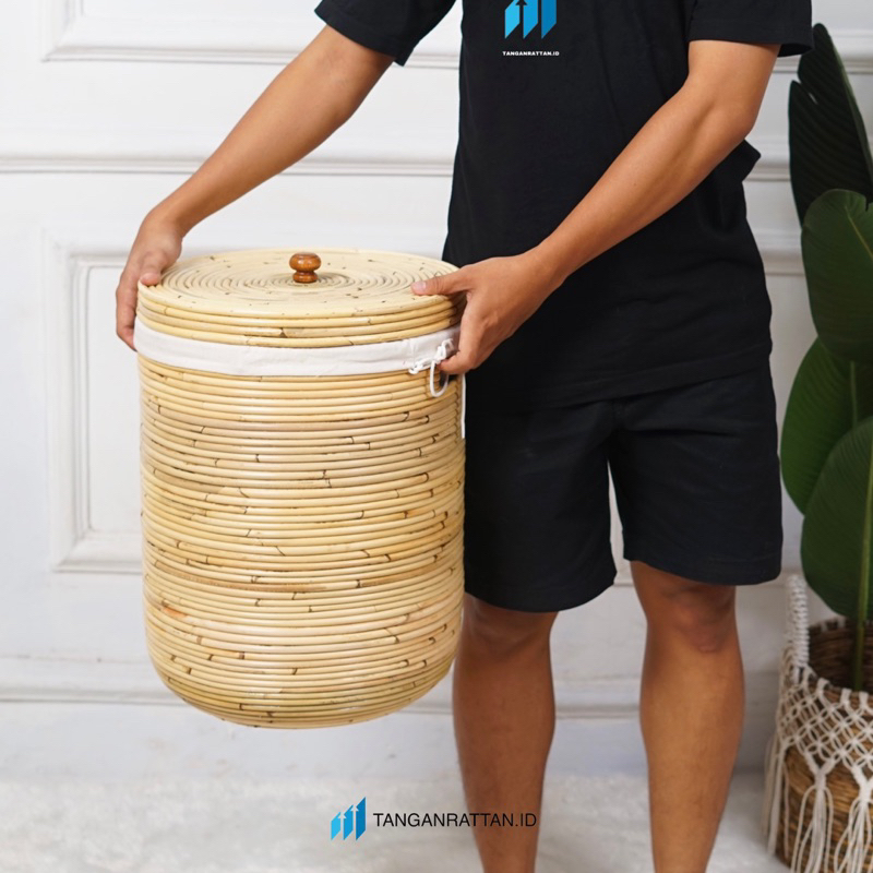 KERANJANG LAUNDRY BAG ROTAN / LAUNDRY BASKET / KERANJANG BAJU KOTOR BERSIH DENGAN TUTUP DAN KAIN SERBAGUNA ANYAMAN ROTAN ASLI