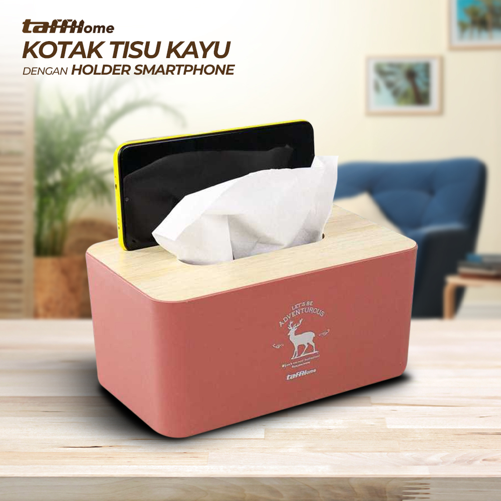 【GOGOMART】Kotak Tisu Kayu Tissue Box Dengan Holder Smartphone Tempat Hanphone