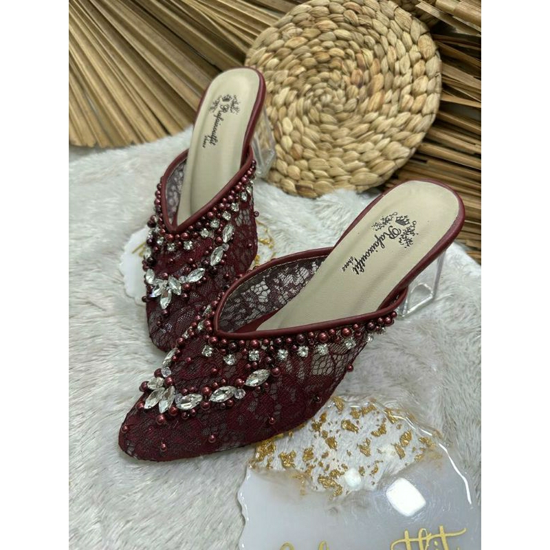 Sepatu wedding Pesta Cantik amirra Burgundy 7cm kaca