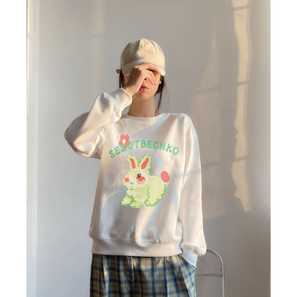 XiaoZhaiNv Korean Style Green Bunny Pattern Lengan Panjang Baju Sweater Wanita A0787