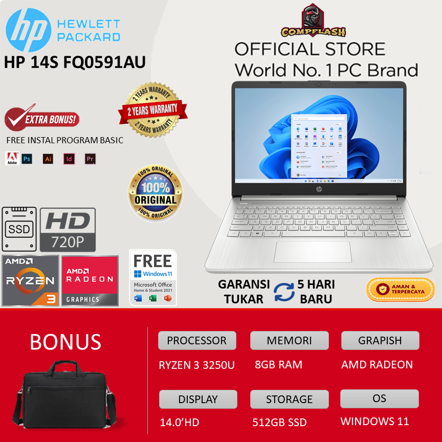 LAPTOP HP 14S FQ0591AU RYZEN 3 3250U 8GB 512GB SSD WINDOWS 11 14.0