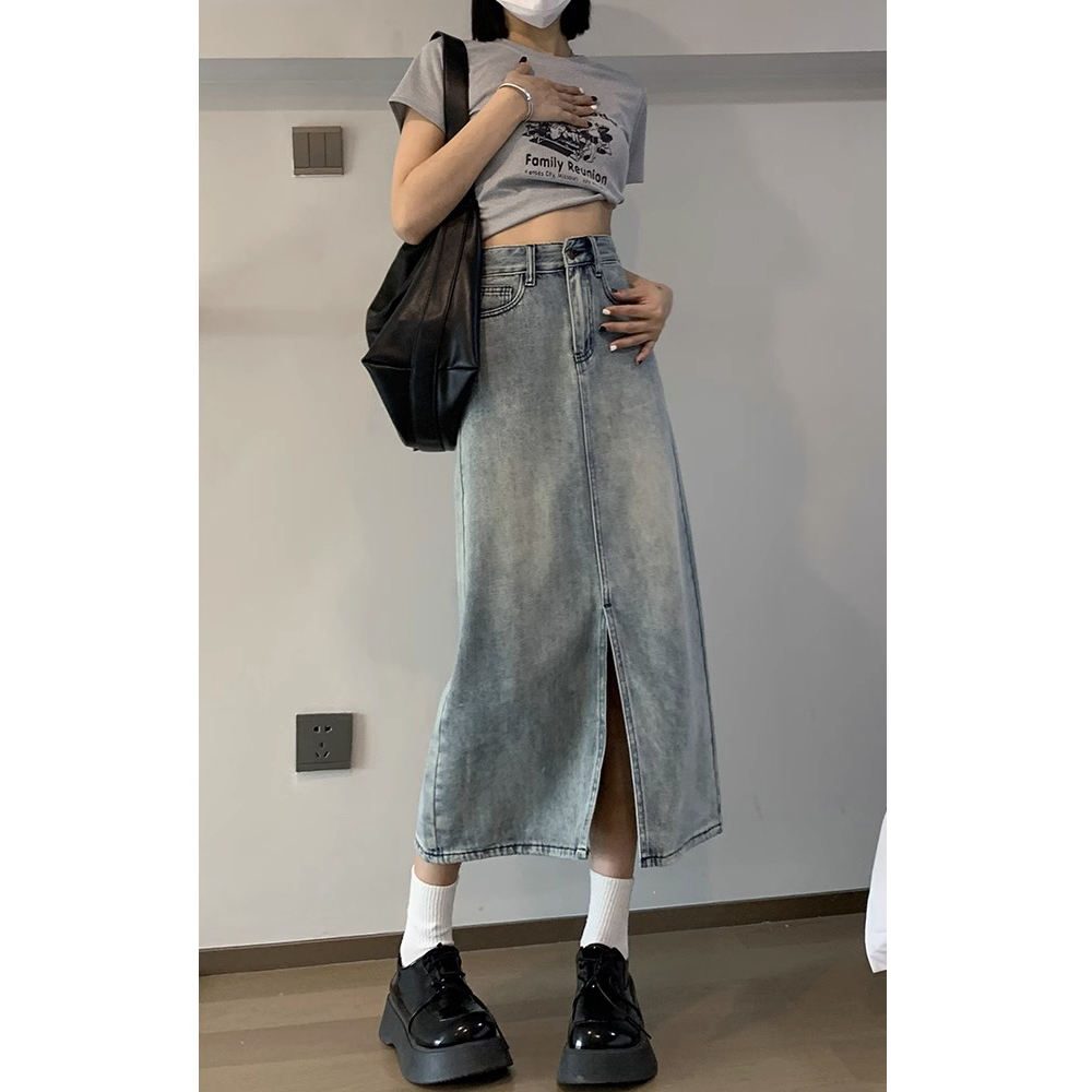 Biru muda Highwaist Kasual Fashion Rok Jeans Pendek A-Line