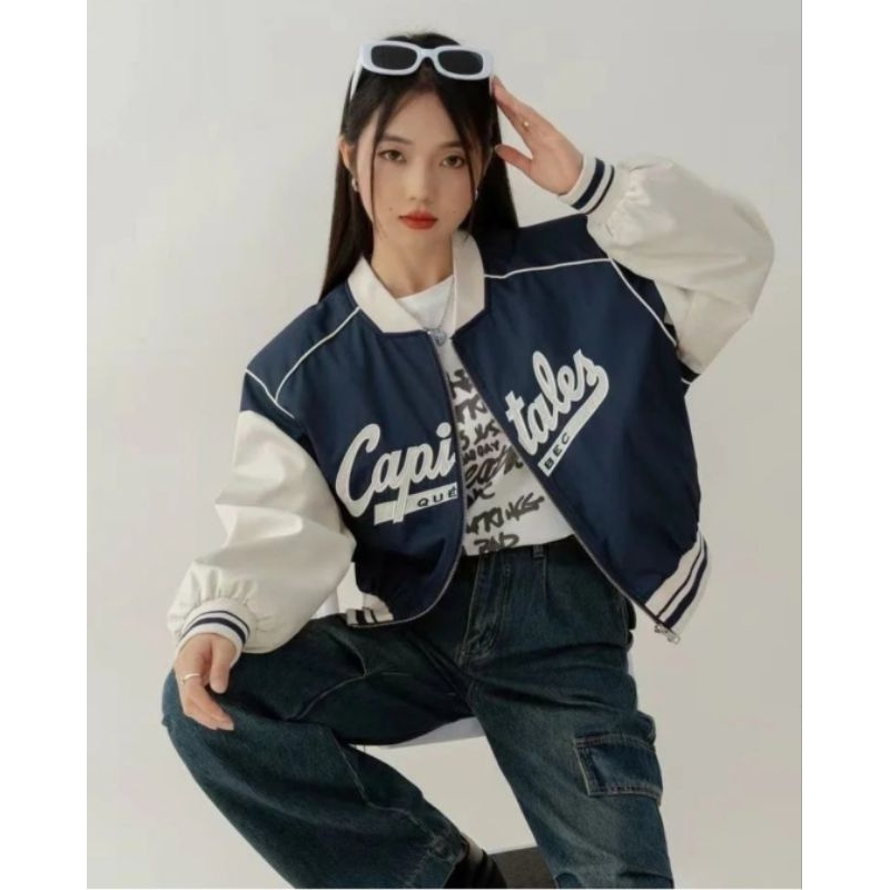 CAPITALES Jacket Croope Wanita Oversize | Jaket Bomber Crop Wanita Korean Style | Jacket Wanita Korea