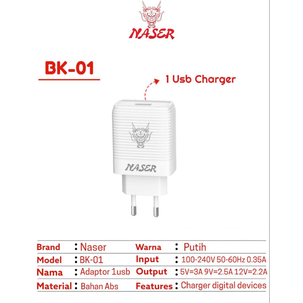 NASER BATOK CHARGER 1USB BK-01 / Adaptor Charger 1usb Safe Charger / Batok Kepala Casan 1usb