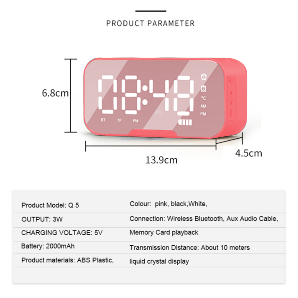 Speaker Bluetooth Jam Alarm Radio Dual Bass Portable Versi 5.0 Q5-PINK - XOBOX