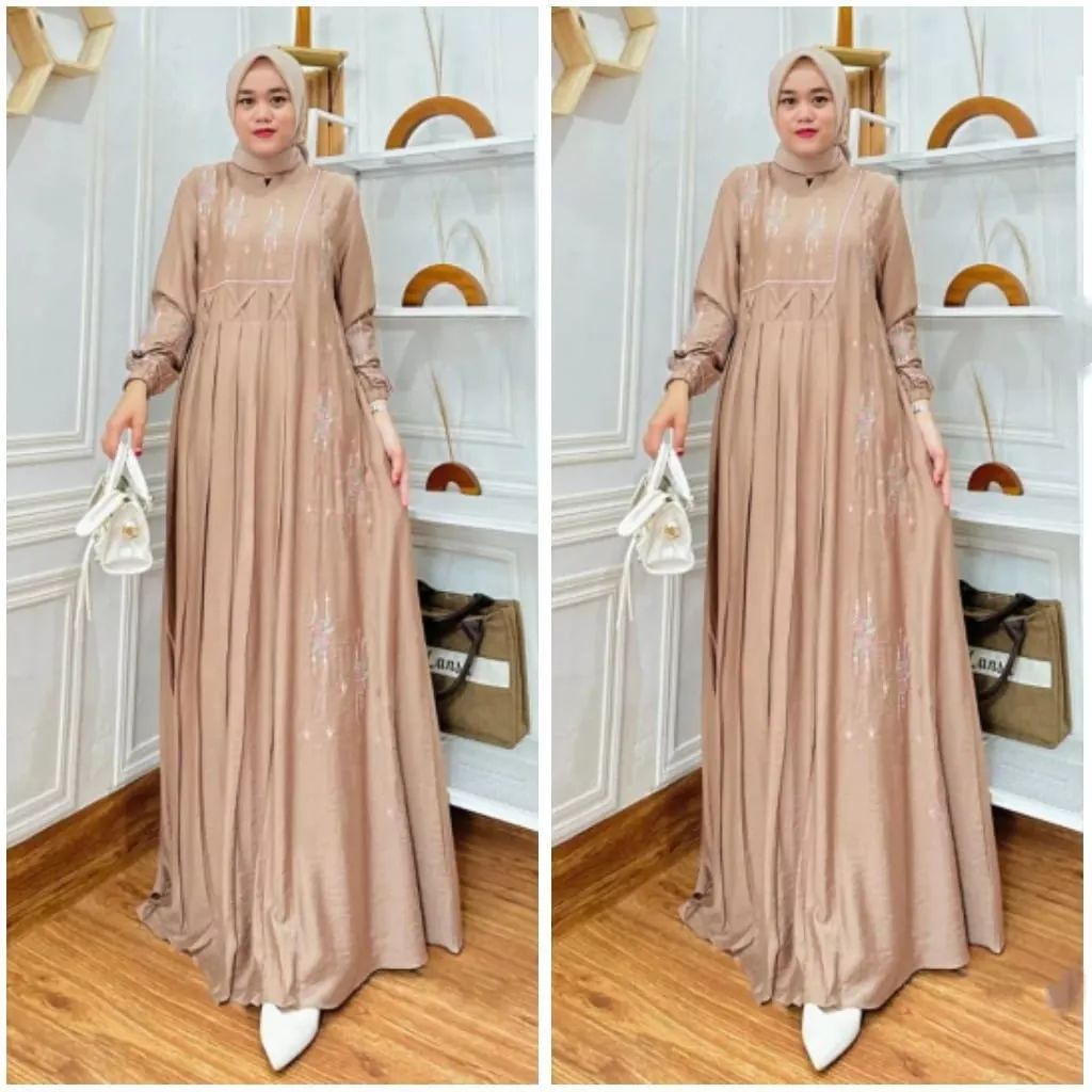 Dress Kondangan Karina Maxy Bahan Polo Linen Aplikasi Bordir Fashion Muslim Terbaru Gamis Bordir Premium Import Pakaian Wanita Mewah